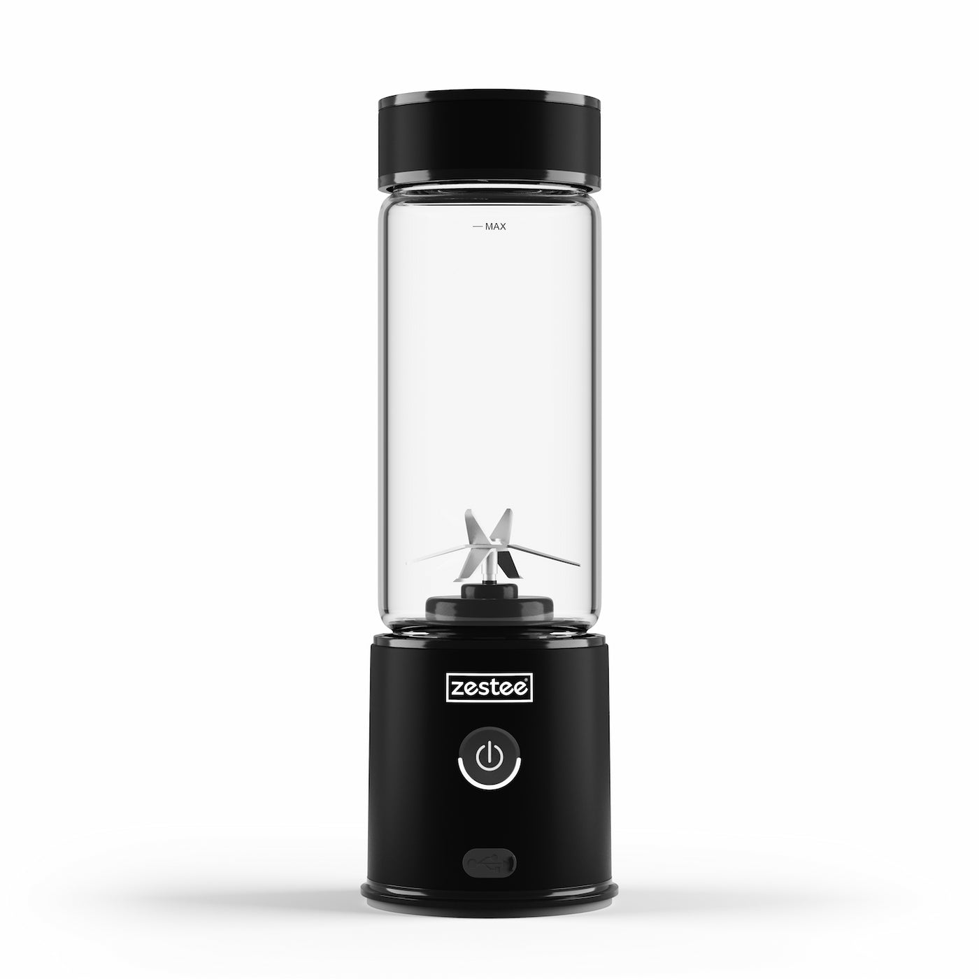 Zestee portable blender, black, USB rechargeable, 450ml glass cup