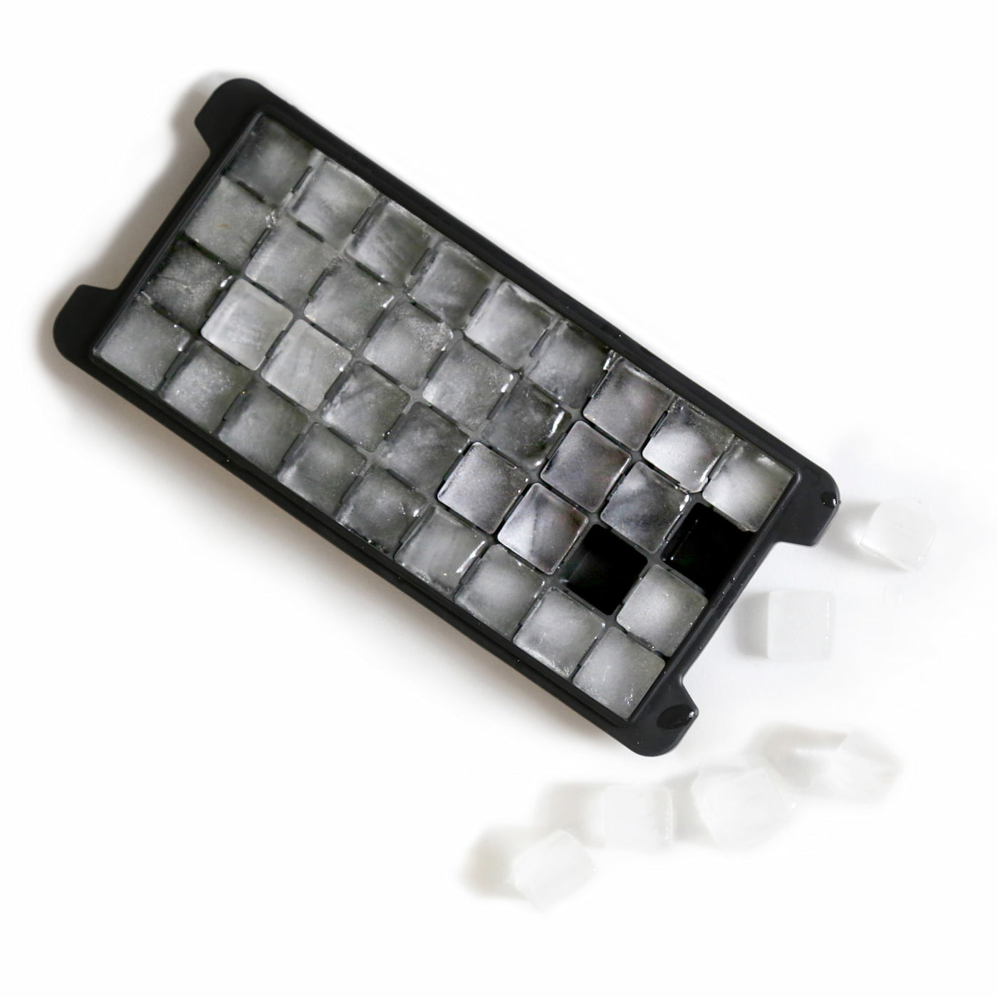 Ice tray, black silicon, 36 small sized cubes, overhead view